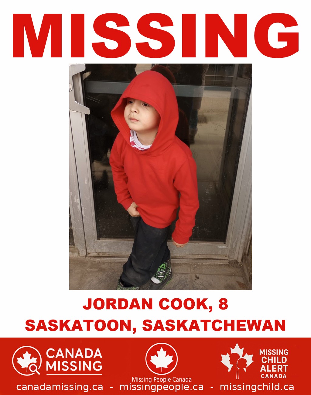 Photo of missing boy Jordan Cook, age 8, from Saskatoon, Saskatchewan.