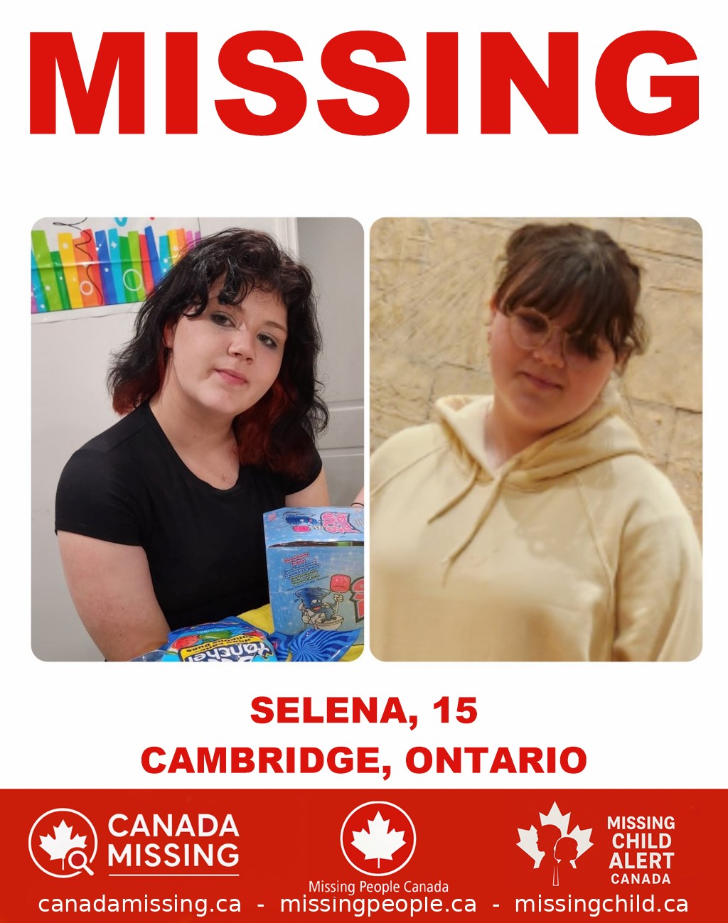 Photo of missing teen Selena, age 15, from Cambridge, Ontario