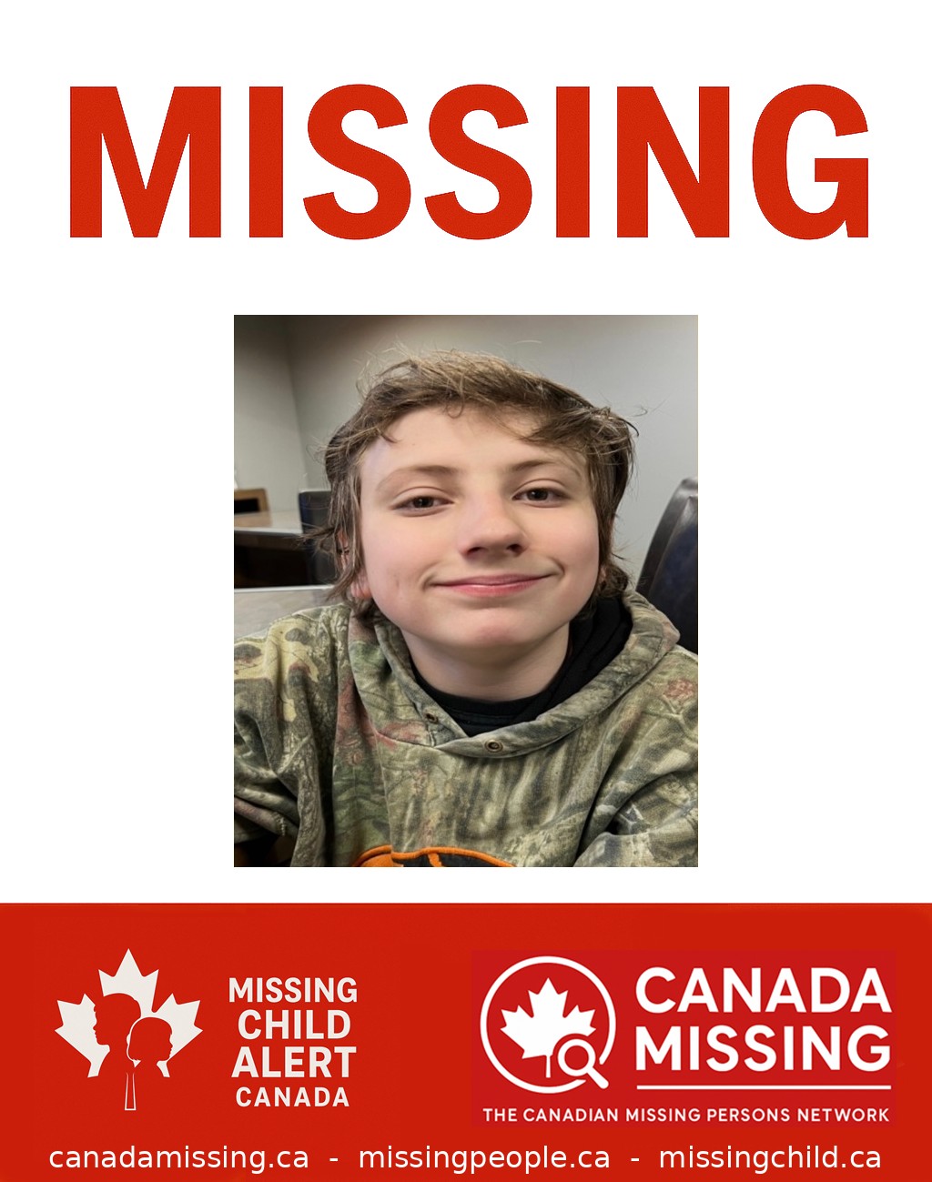 Missing 14-year-old boy Brody Small, described as 4'11", 100 lbs, with hazel eyes and wavy blonde hair, wearing black pants and a yellow shirt. Last seen August 2, 2025, in Sault Ste. Marie, Ontario.