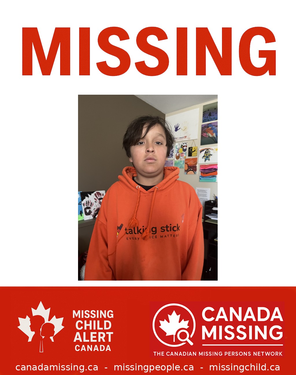 Photo of missing person Tazen Paskemin, age 13, from Prince Albert, Saskatchewan.