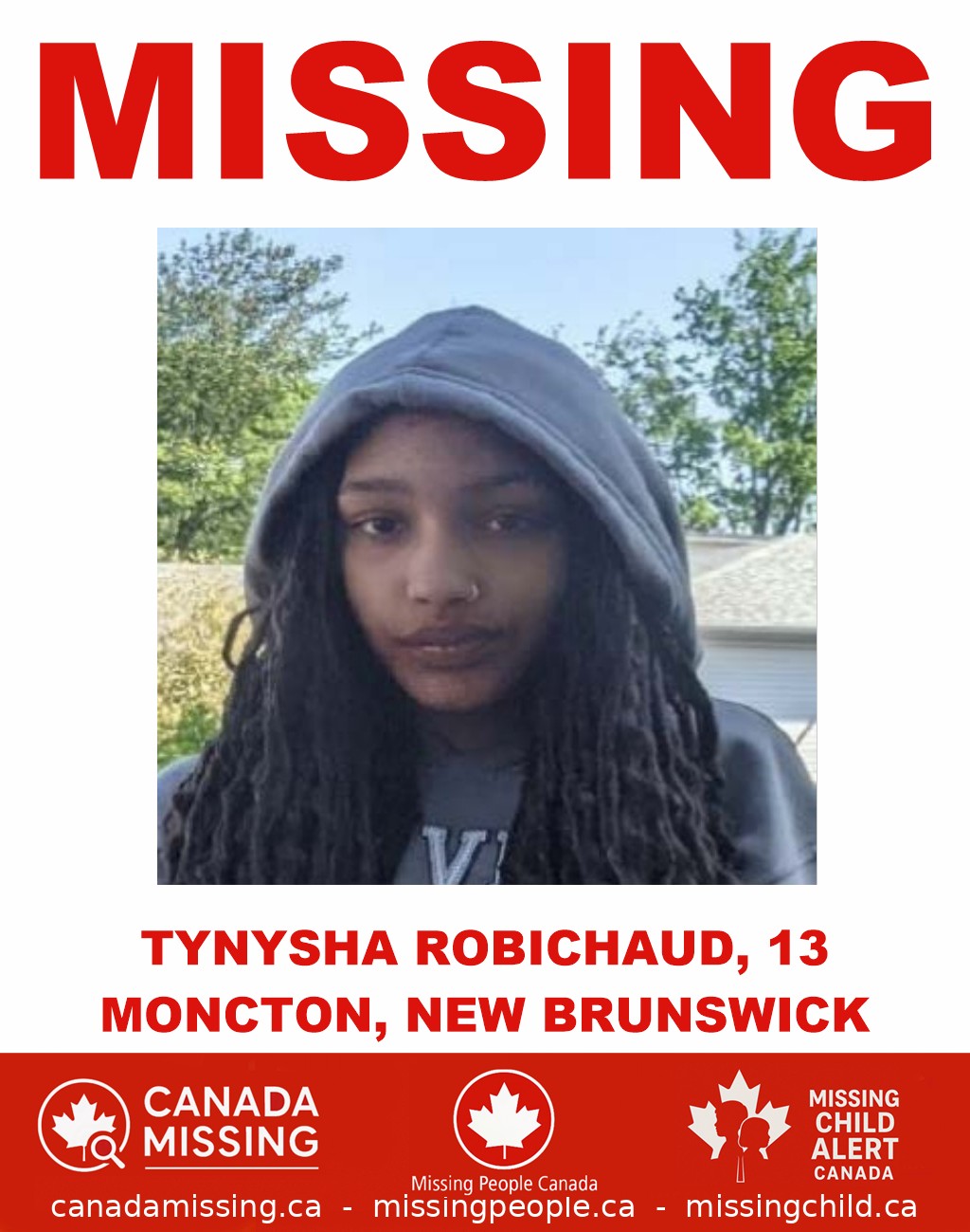 Photo of missing girl Tynysha Robichaud, 13, from Moncton, New Brunswick