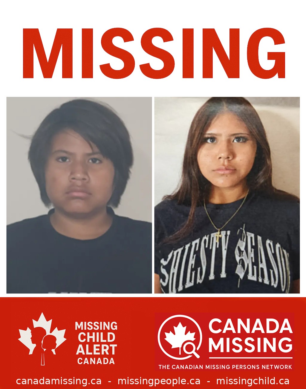 Photos of missing girls Shavon Small Eyes, age 12, and Chanting Small Eyes, age 14, from Lethbridge, Alberta.