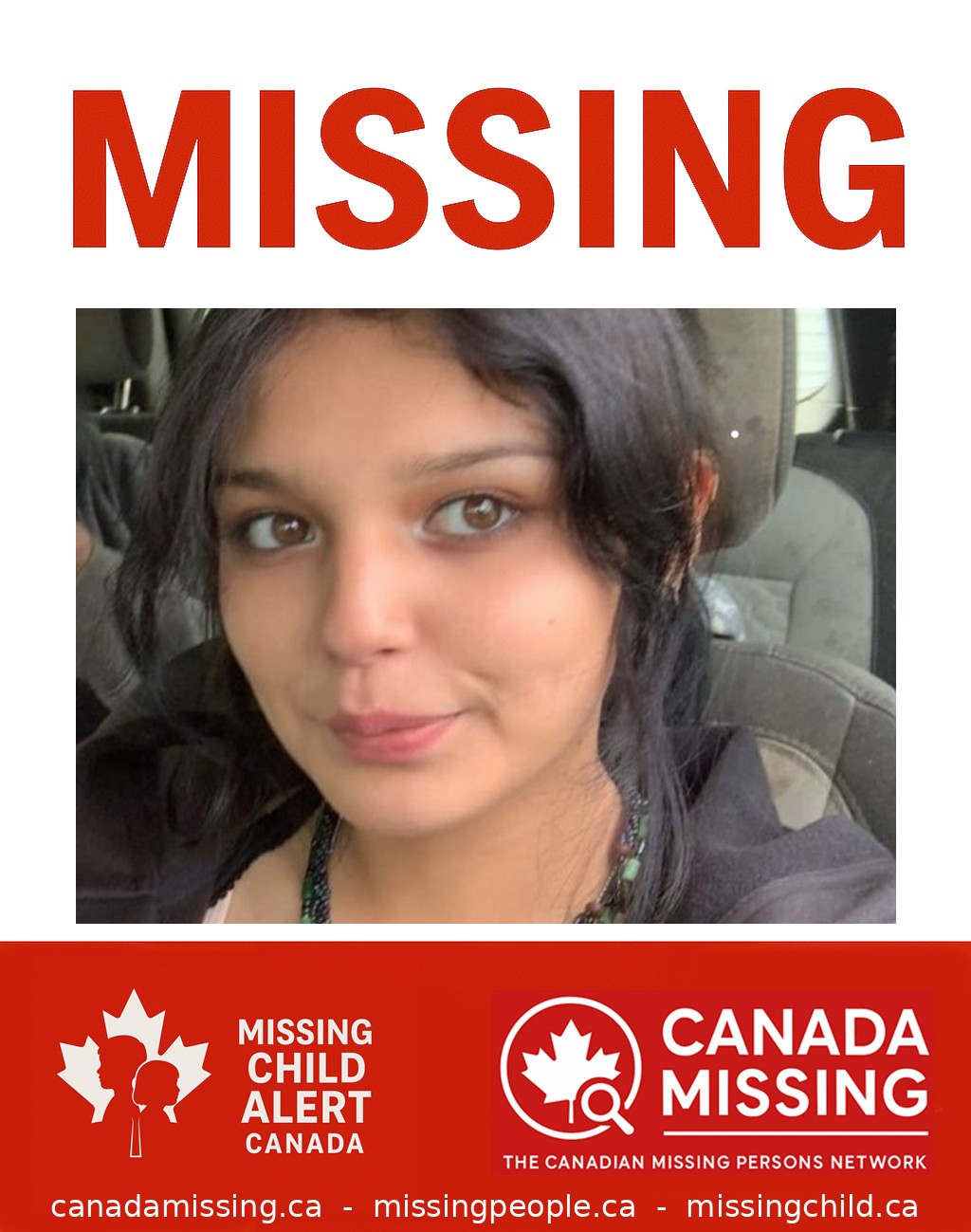 Photo of missing girl Aliyah Lightning, age 17, from Maskwacis, Alberta.