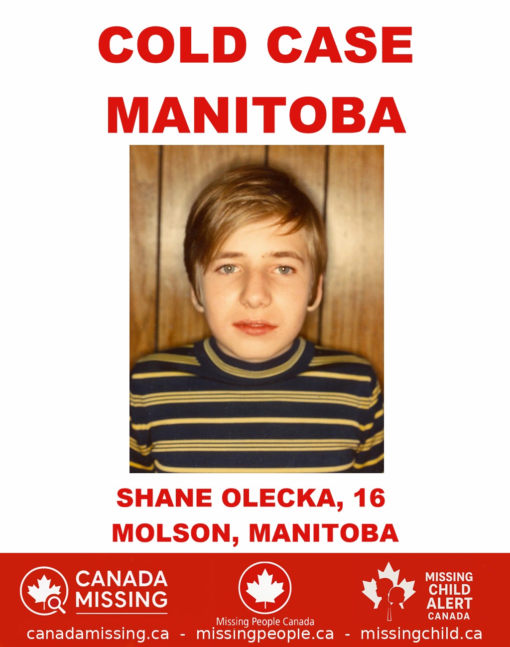Photo of missing teen Shane Olecka, age 16, from Molson, Manitoba