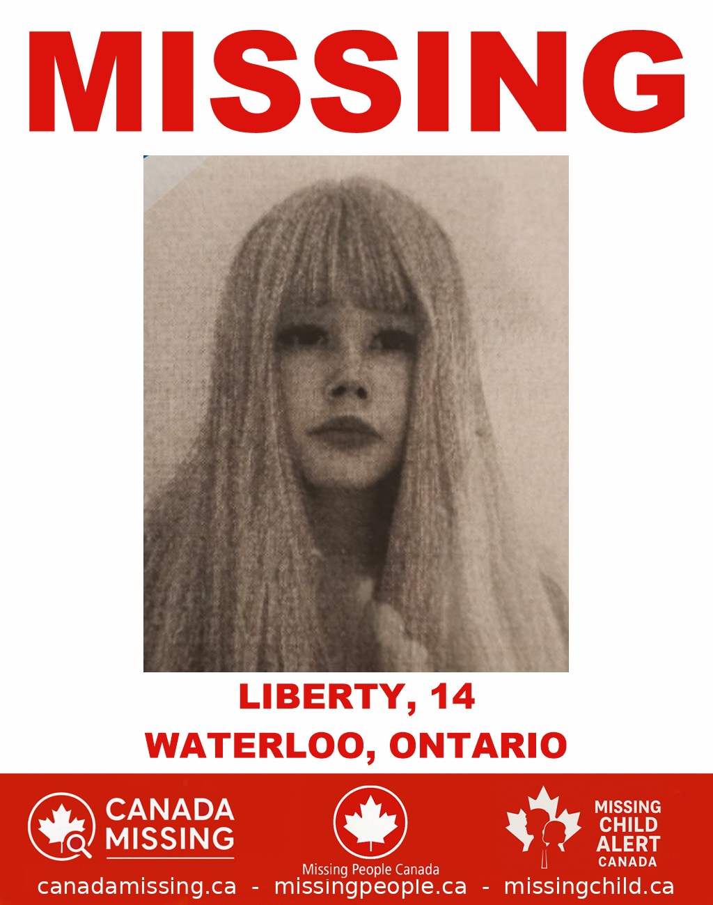 Photo of missing teen Liberty, age 14, from Waterloo, Ontario