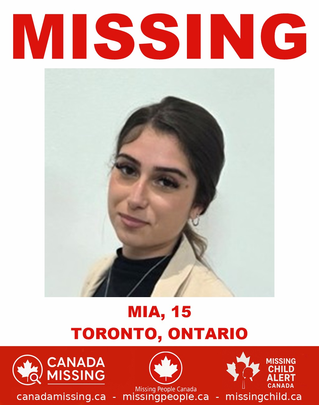 Photo of missing youth Mia, 15, from Toronto, Ontario