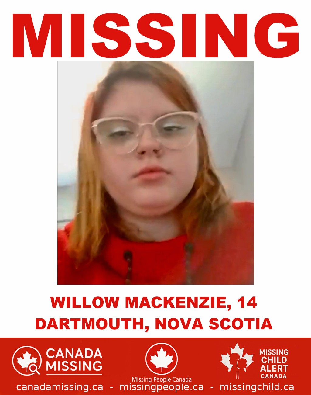 Photo of missing girl Willow Mackenzie, 14, from Dartmouth, Nova Scotia