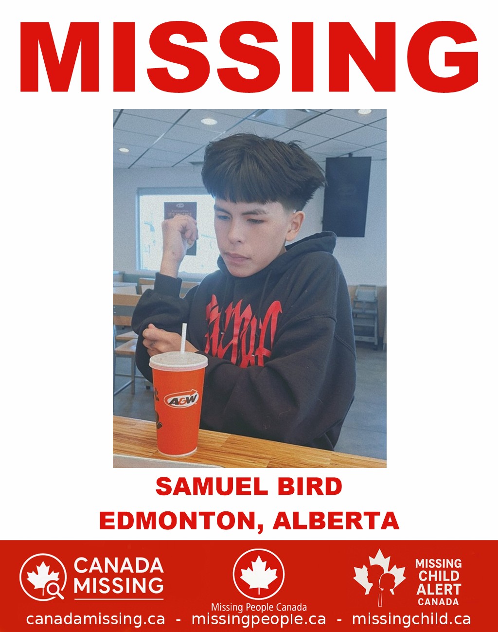 Photo of missing person Samuel Bird, 14, from Edmonton