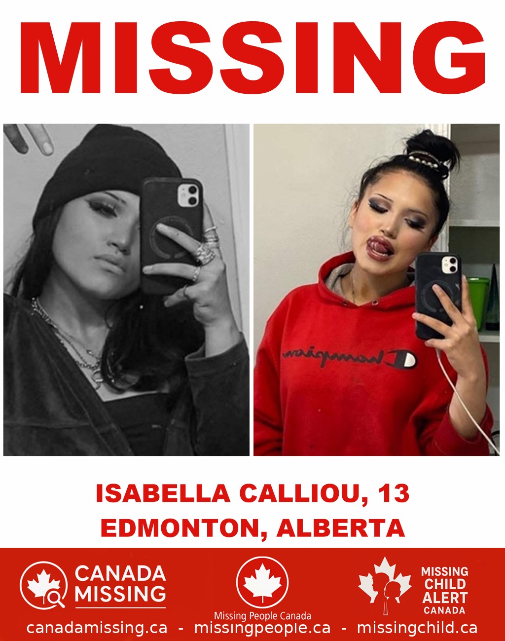 Photo of missing girl Isabella Calliou, 13, from Edmonton, Alberta