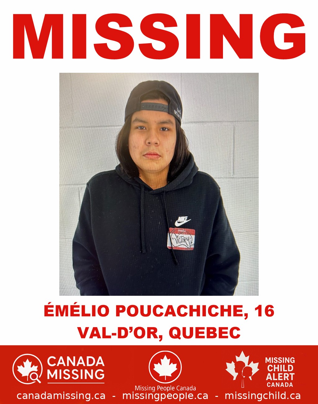 Photo of missing boy Émélio Poucachiche, age 16, from Val-d’Or, Quebec.