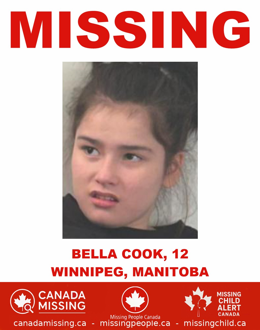 Photo of missing girl Bella Cook, age 12, from Winnipeg, Manitoba.