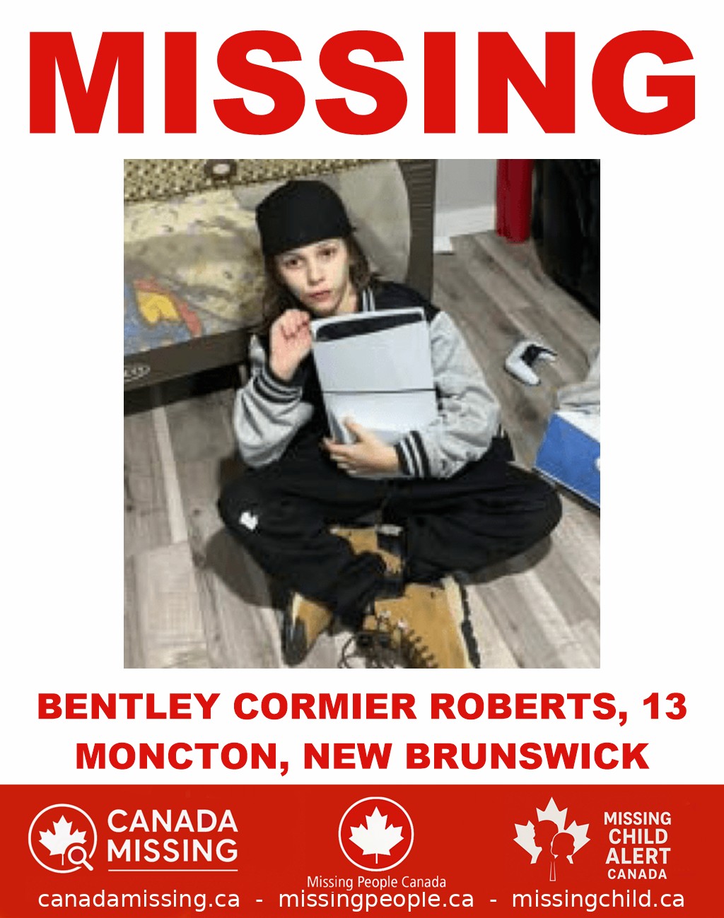 Photo of missing boy Bentley Cormier Roberts, age 13, from Moncton, New Brunswick.