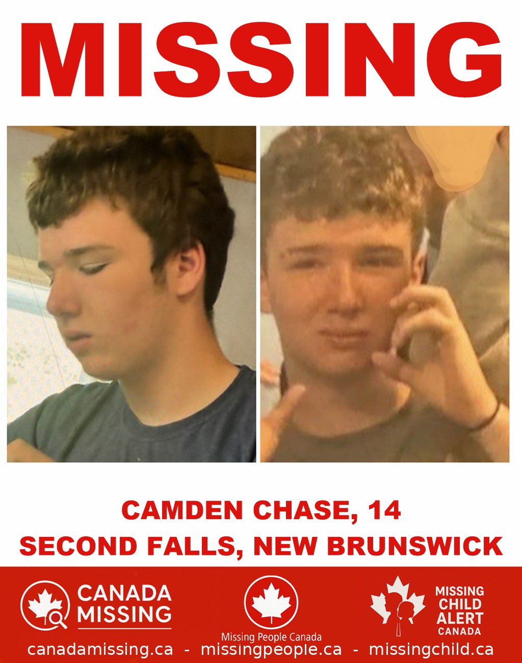 Photo of missing boy Camden Chase, age 14, from Second Falls, New Brunswick