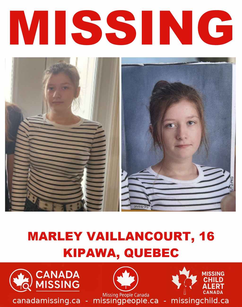 Photo of missing girl Marley Vaillancourt, 16, from Kipawa, Quebec