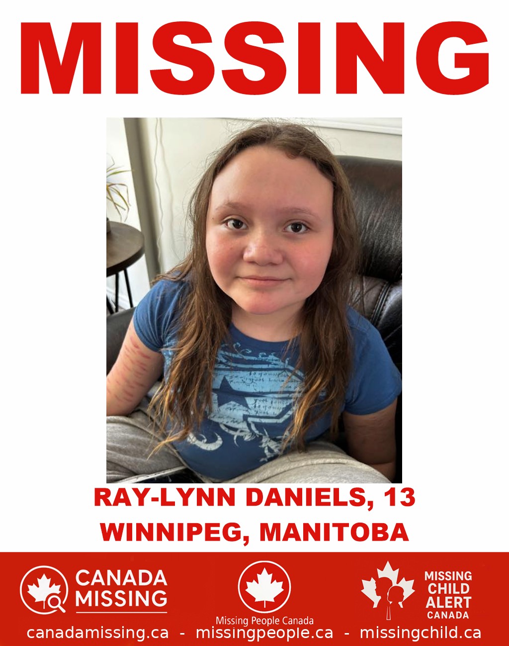 Photo of missing girl Ray-Lynn Daniels, 13, from Winnipeg, Manitoba