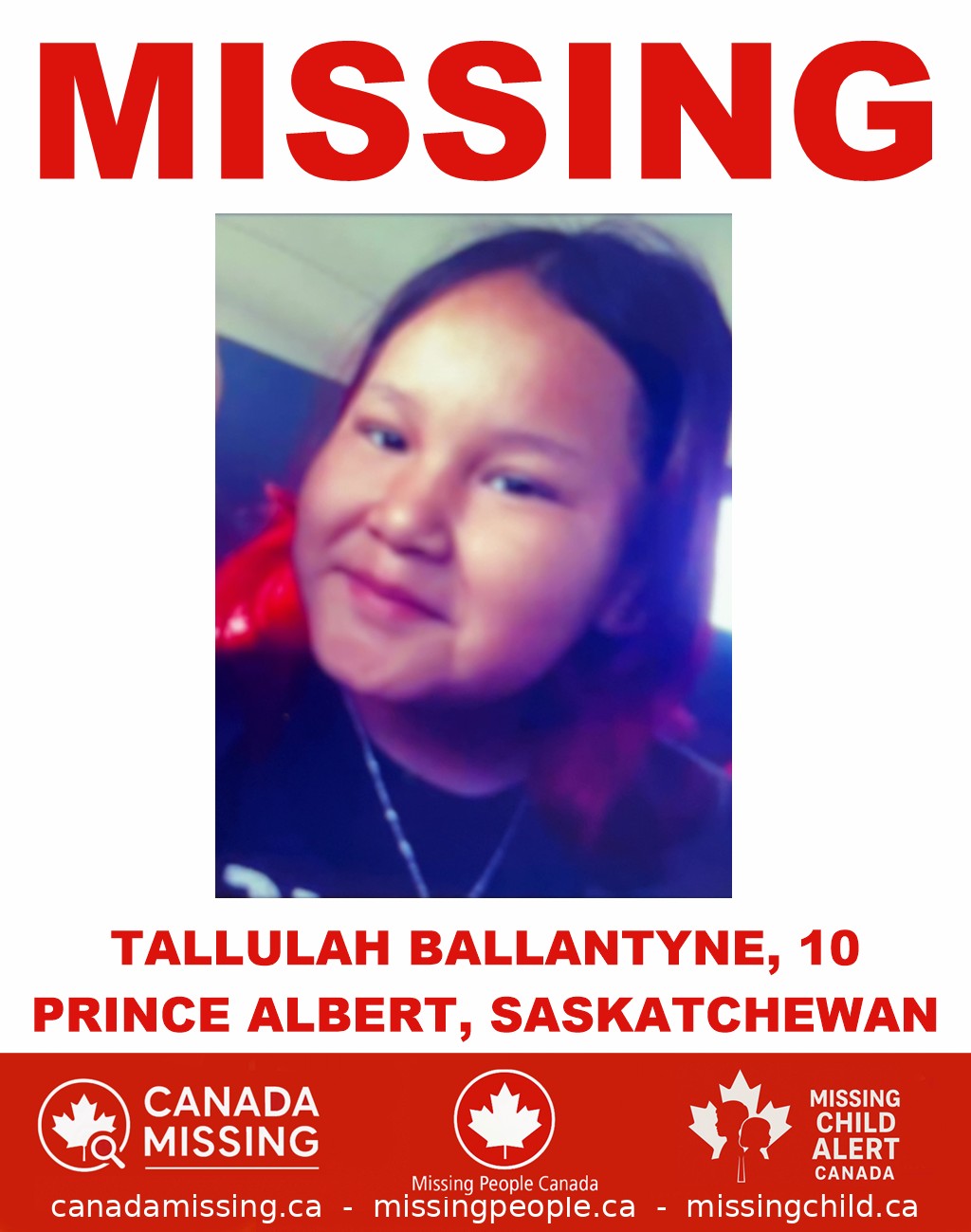 Photo of missing girl Tallulah Ballantyne, age 10, from Prince Albert, Saskatchewan