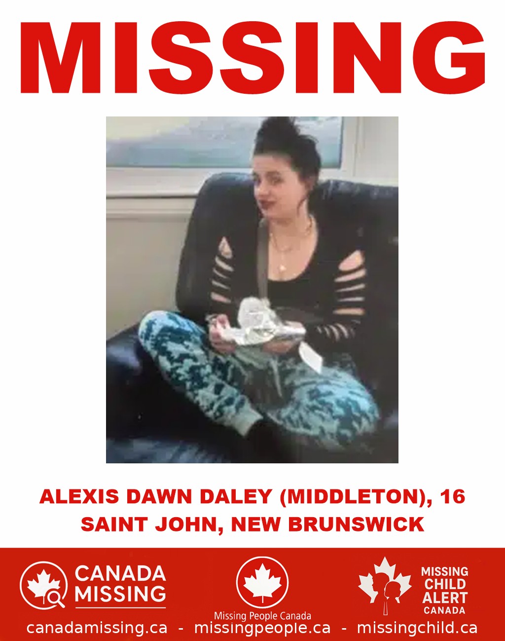 Photo of missing girl Alexis Dawn Daley (Middleton), age 16, from Saint John, New Brunswick