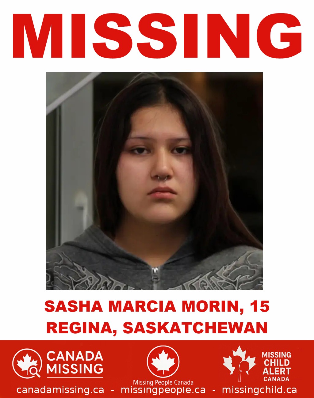 Photo of missing girl Sasha Marcia Morin, age 15, from Regina, Saskatchewan