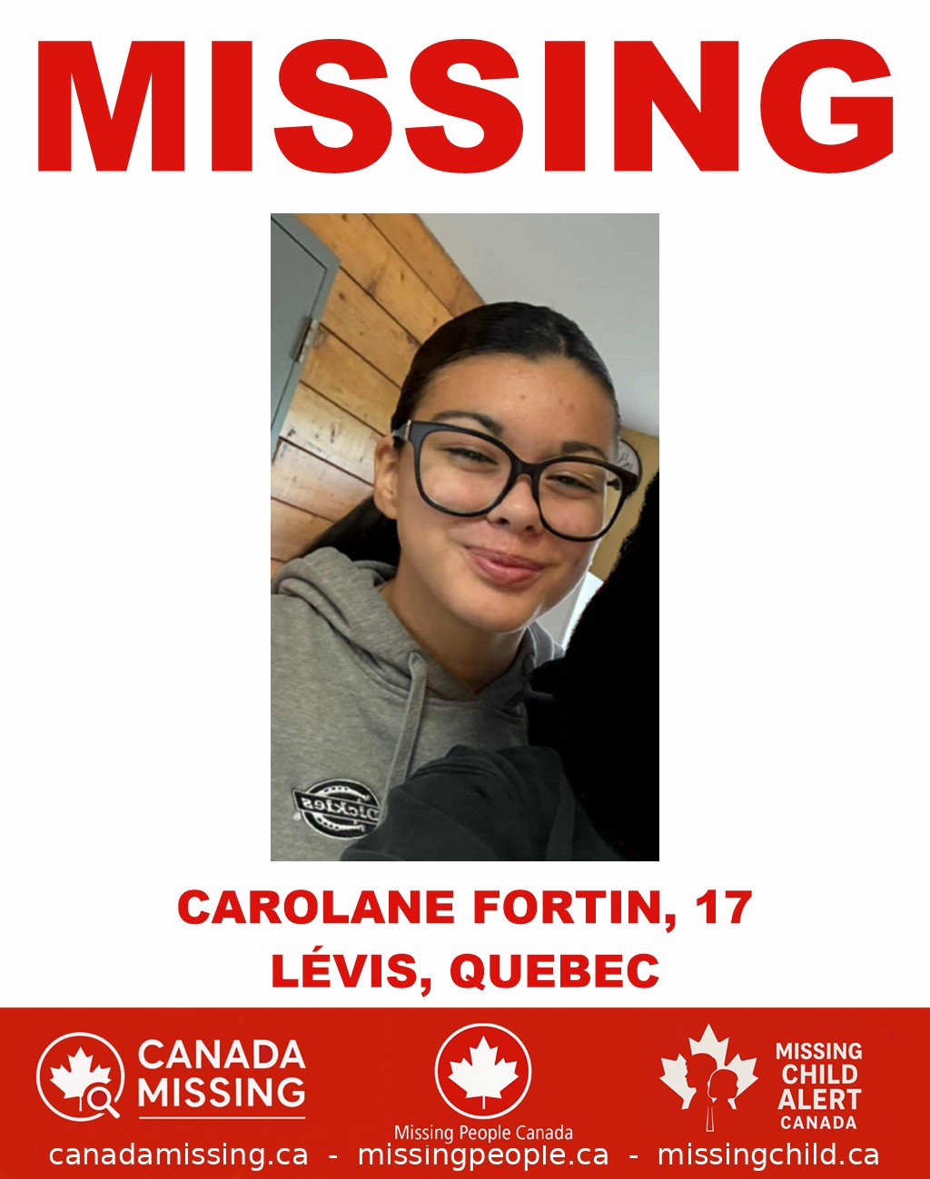 Photo of missing girl Carolane Fortin, age 17, from Lévis, Quebec