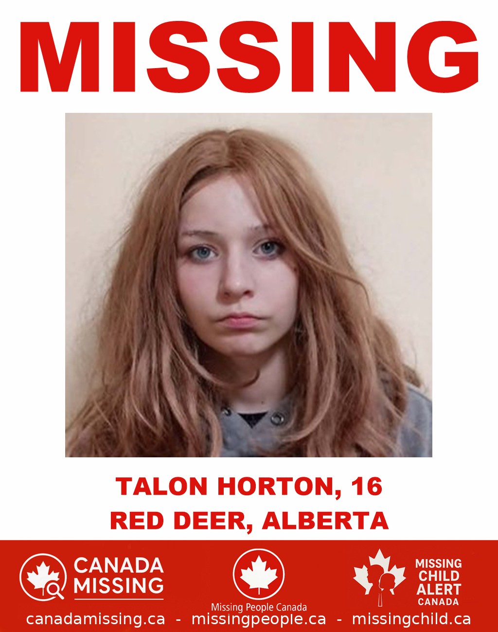 Photo of missing girl Talon Horton, 16, from Red Deer, Alberta