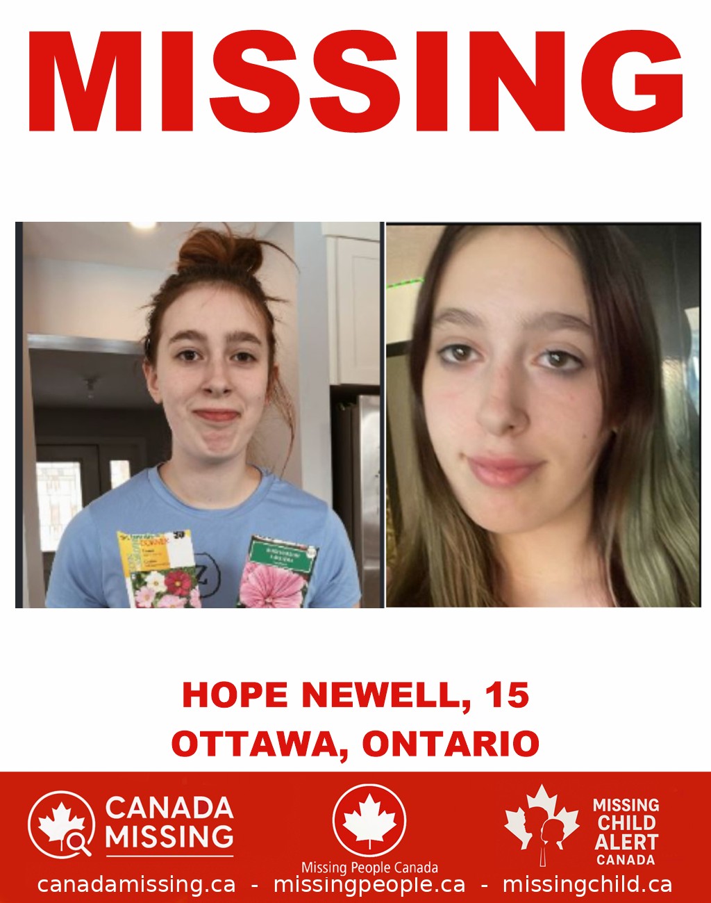 Photo of missing girl Hope Newell, age 15, from Ottawa, Ontario
