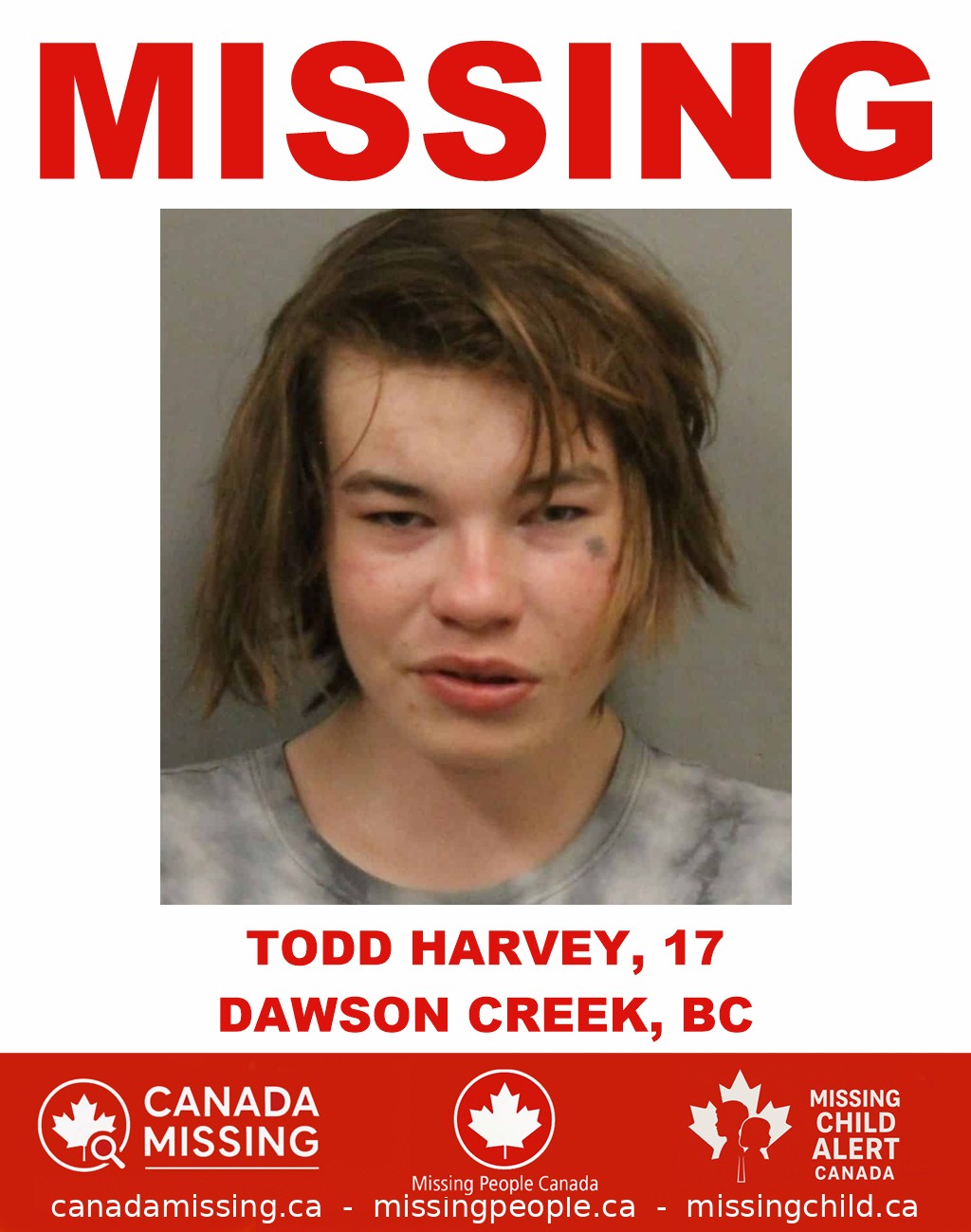 Photo of missing teen Todd Harvey, 17, from Dawson Creek, British Columbia