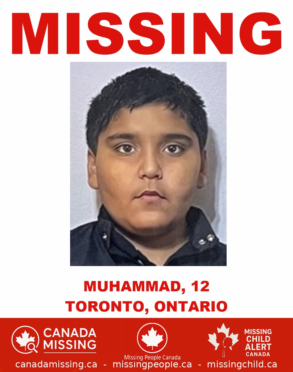 Photo of missing child Muhammad, 12, from Toronto, Ontario