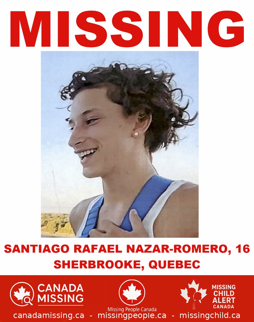 Photo of missing boy Santiago Rafael Nazar-Romero, age 16, from Sherbrooke, Quebec