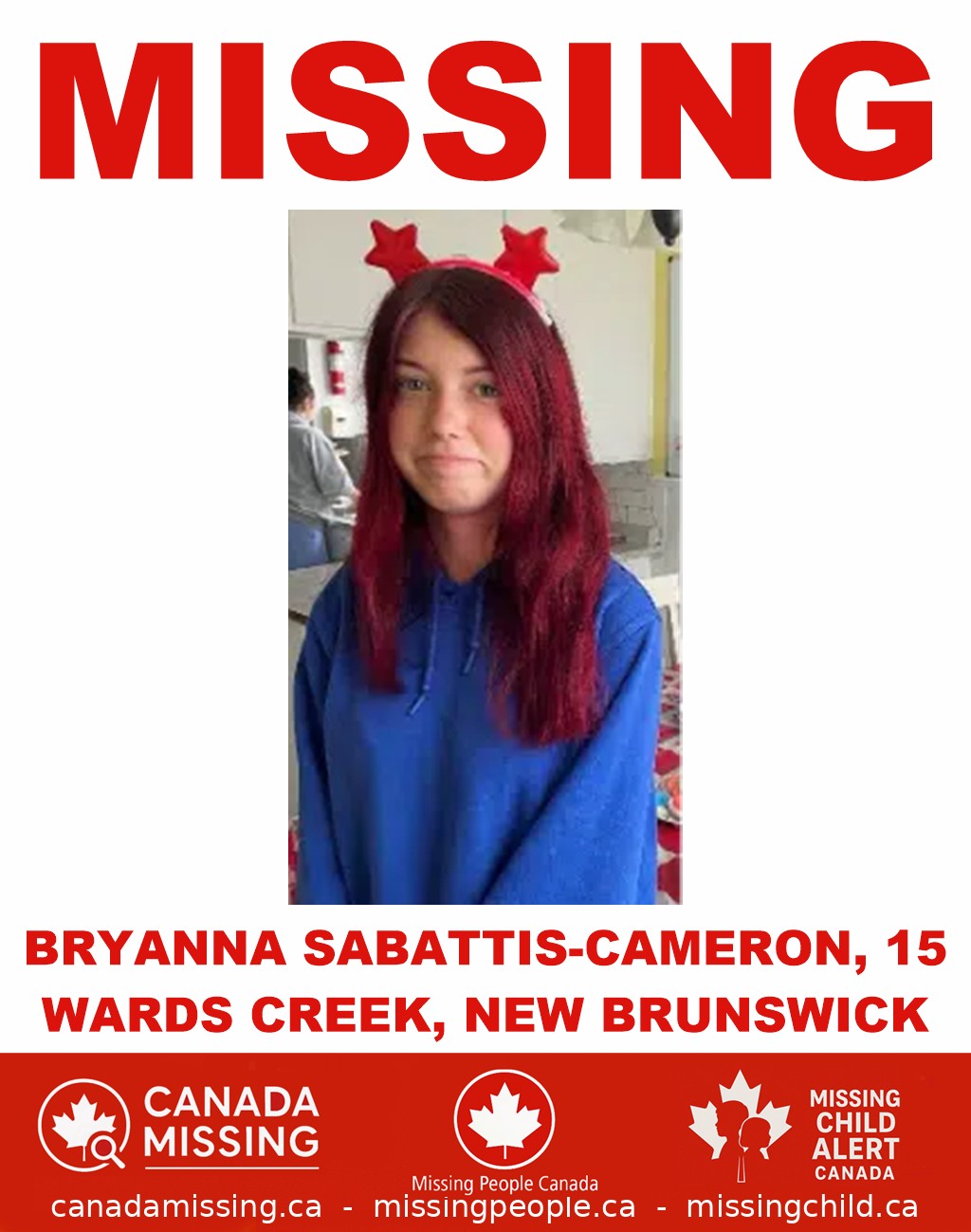 Photo of missing girl Bryanna Sabattis-Cameron, 15, from Wards Creek, New Brunswick