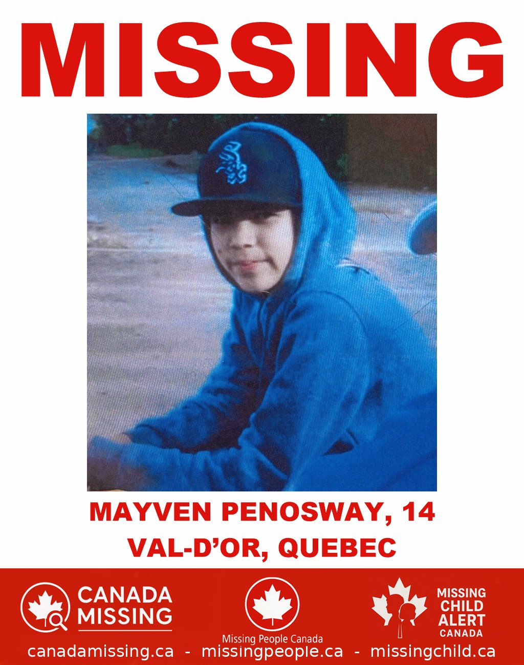 Photo of missing boy Mayven Penosway, 14, from Val-d’Or, Quebec