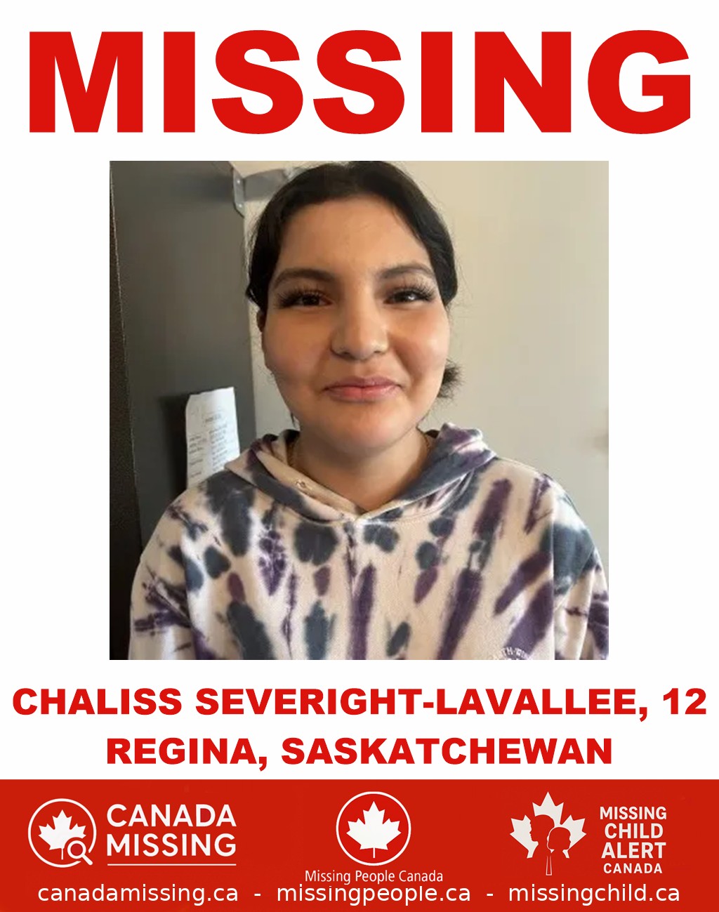 Photo of missing child Chaliss Severight-Lavallee, 12, from Regina, Saskatchewan